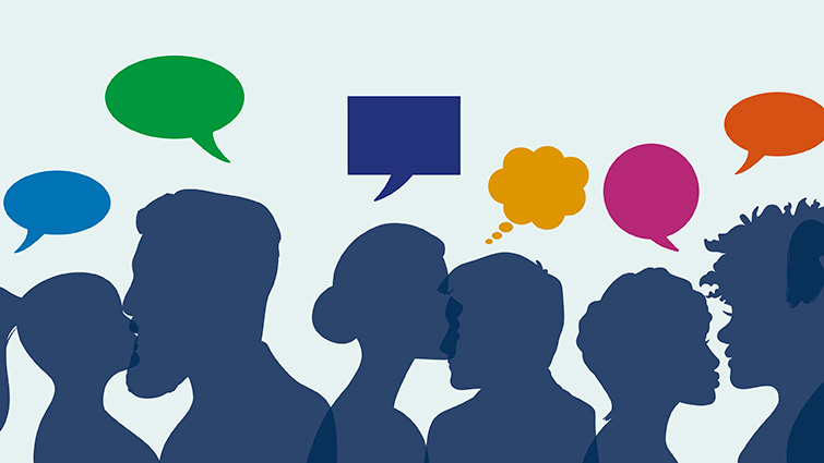 This graphic shows silhouettes of people's heads and speech bubbles