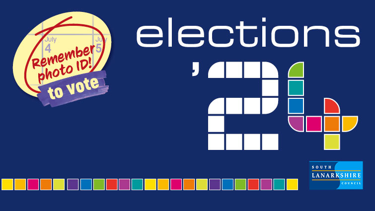 This is an image with the words Elections '24 and Remember to bring voter ID July 4