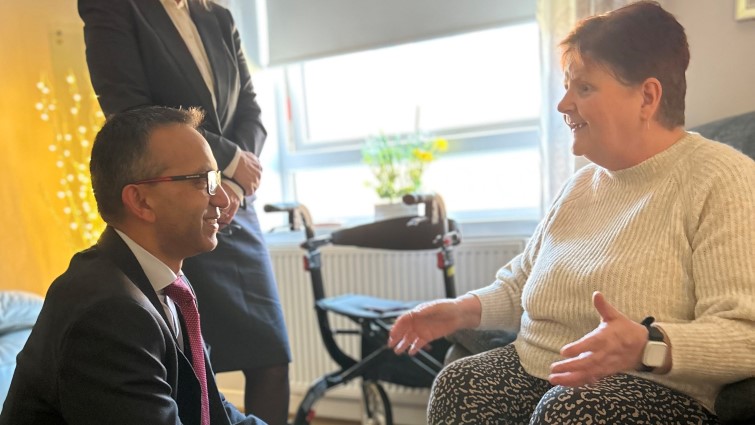 This image shows Professor Soumen Sengupta with a resident of the tech-assisted homes at the Blantyre Life development