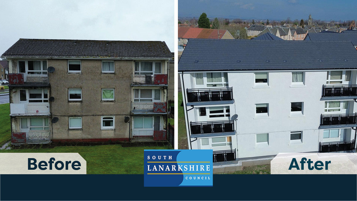 This image shows before and after photos of flats in Blantyre following extensive refurbishment work that has taken place