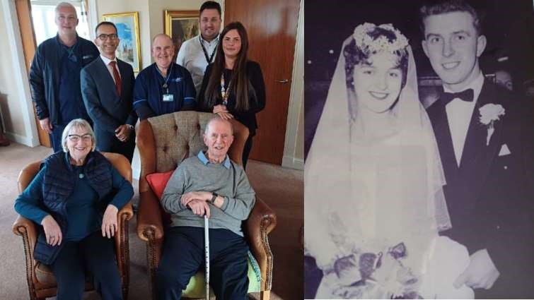 This image is split into two, the left hand side shows shows Dixon Blackstock and his wife Jean with care at home staff and Professor Soumen Sengutpa, and on the right hand side the happy couple on their wedding day