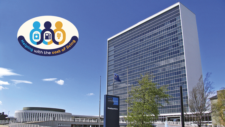 This image shows a view of the council HQ with a cost of living badge also applied to the image