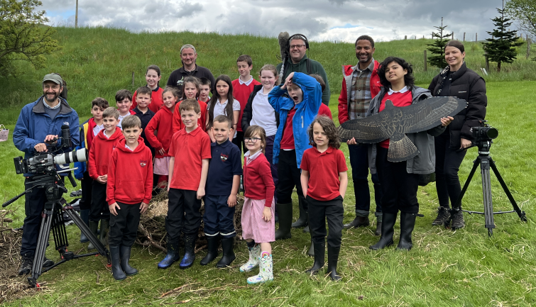 Leadhills Primary School pupils with Countryfile film crew and South of Scotland Golden Eagle Project members