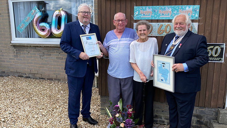 Diamond wedding anniversary couple Tommy and Betty Paterson, from Blantyre, with South Lanarkshire Deputy Provost Bert Thomson and Deputy Lieutenant for Lanarkshire Sandy Wilkie.