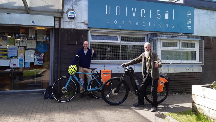 adult learners Ray Genoe and Bill Scott (pictured left to right) outside UC EK with their bikes