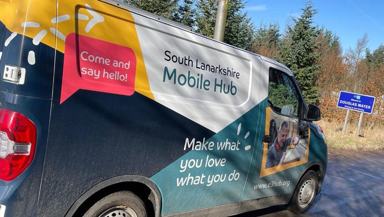 This image shows the E3 hub van as it offers business support across South Lanarkshire