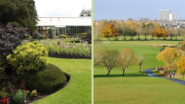 This image is split, with Calderglen Country Park on the left and Chatelherault Country Park on the right
