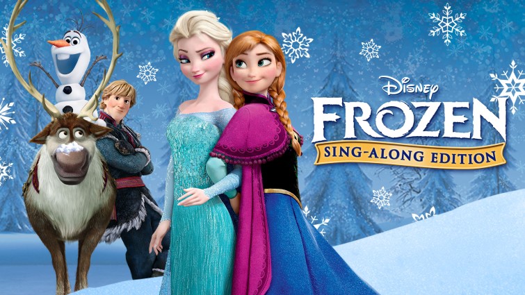 The main characters from Frozen with a title showing that it is the sing-along version of the film.