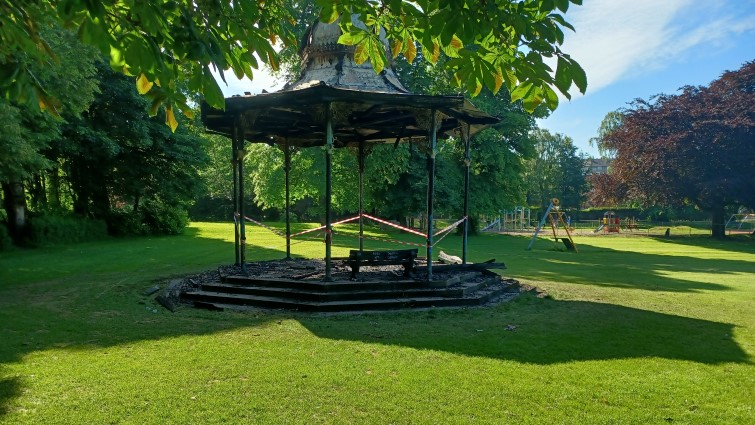 The fire-damaged bandstand in Overtoun Park, Rutherglen.