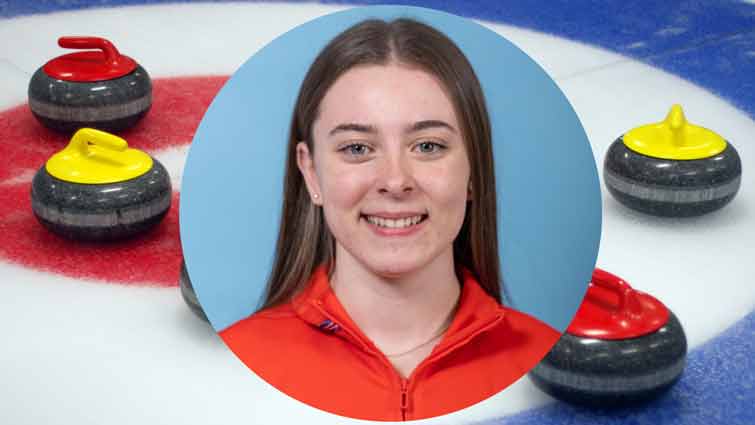 This is a head and shoulders picture of Holly wearing her Team GB tracksuit, and framed by images of curling stones.