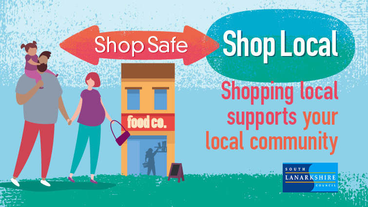 Graphic showing a family shopping with the words Shop Safe Shop Local. Shopping local supports your local community
