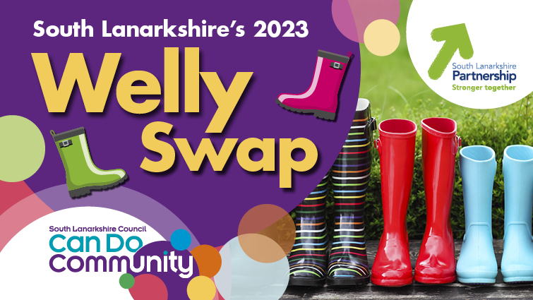 This graphic is to highlight the South Lanarkshire Welly Swap appeal 2023 which takes place in local libraries 