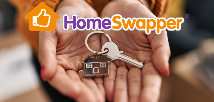 This image has the Homeswapper logo above a pair of hands holding a set of keys