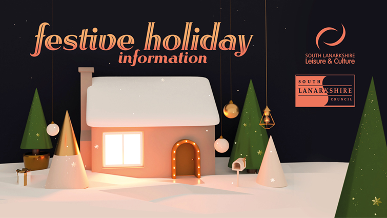 This is a Christmas scene 
graphic with the words festive holiday information 