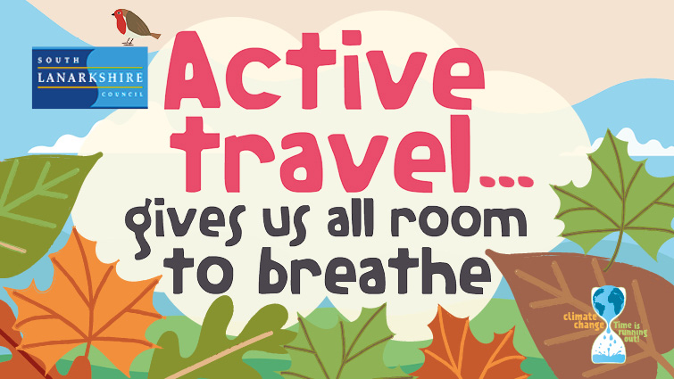 This image is a still from an animation and shows a blue sky and autumn leaves around the words: Active Travel Gives Us All Room To Breathe.