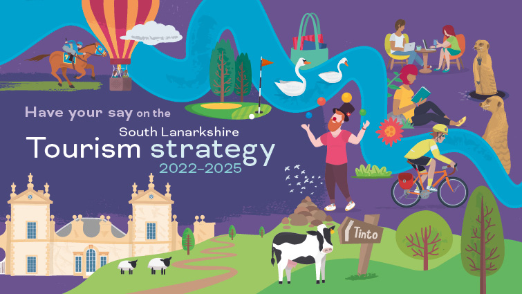 a graphic illustrating aspects of the tourism economy in South Lanarkshire. On a dark blue background a light blue line representing the River Clyde snakes diagonally across from top left to bottom right.