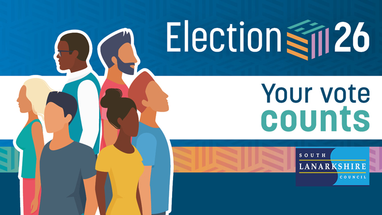 This is a graphic which contains the words Election 26, Your Vote Counts and the council logo with illustrations of six different people