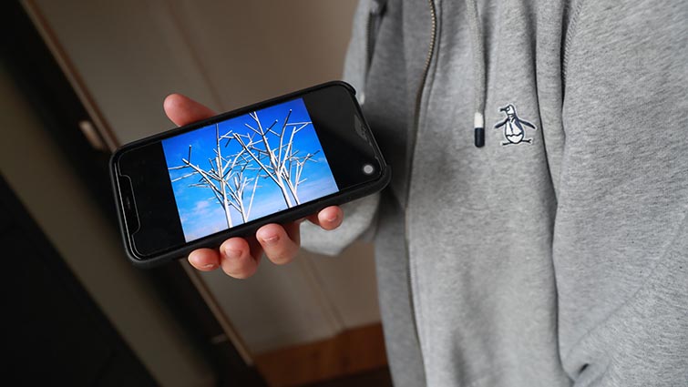 An anonymous young person holding a mobile phone to show the landscape photo they have taken. 