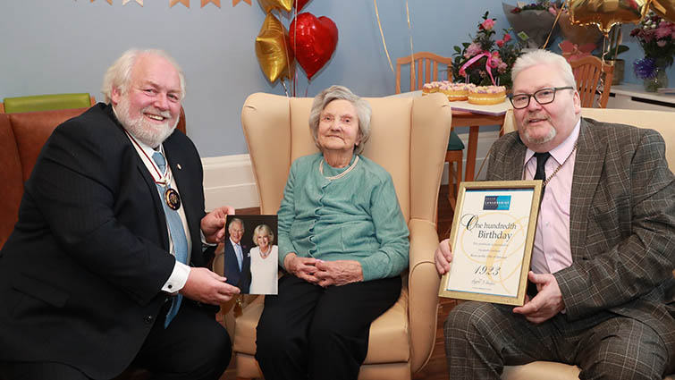 100th birthday celebrations of Betty Gardiner, pictured with Depute Provost Bert Thomson and Deputy Lieutenant for Lanarkshire Alexander Wilkie MBE