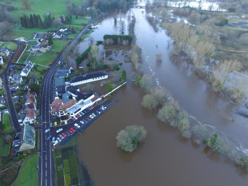 aerial view of a river in flood
