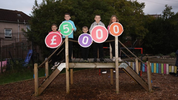 Children from Burnhill display boards portraying the £5000 funding for the local Action Group through participatory budgeting. 