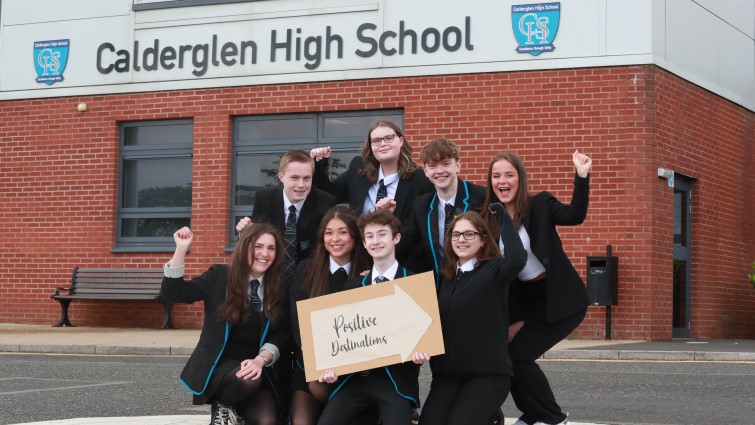 Students from Calderglen High School celebrating their exam results 