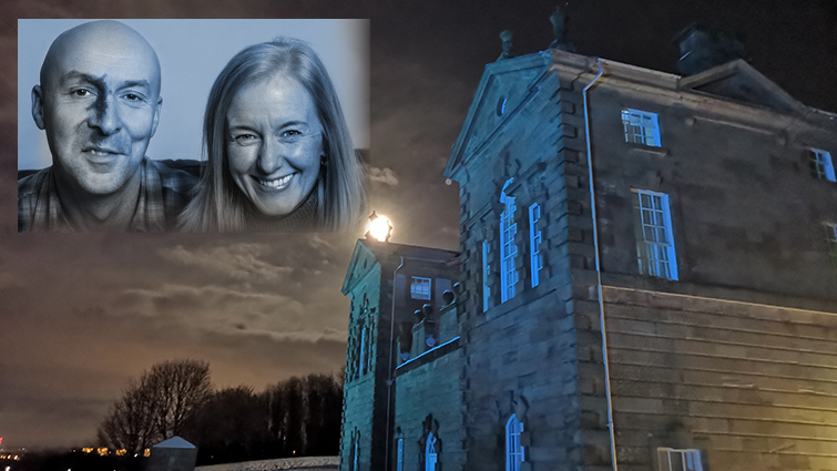 The Hunting Lodge of Chatelherault at night with an inset picture of Christopher Brookmyre and his wife Marisa Haetzman 
