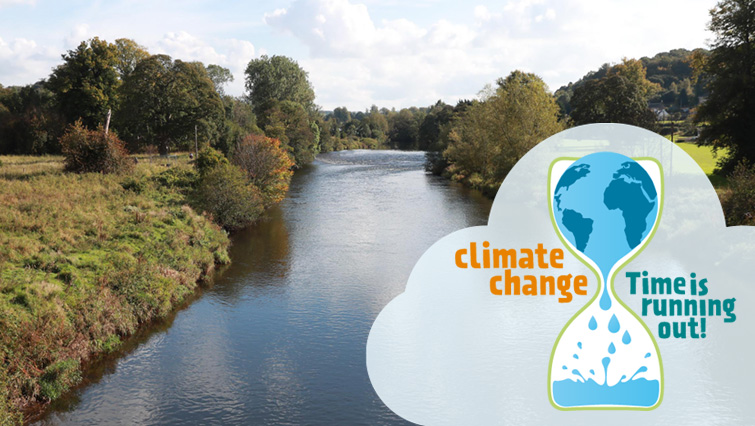 This image is of the river running through Mauldslie Woods in Carluke, overlaid on the bottom right with the council's climate change logo.