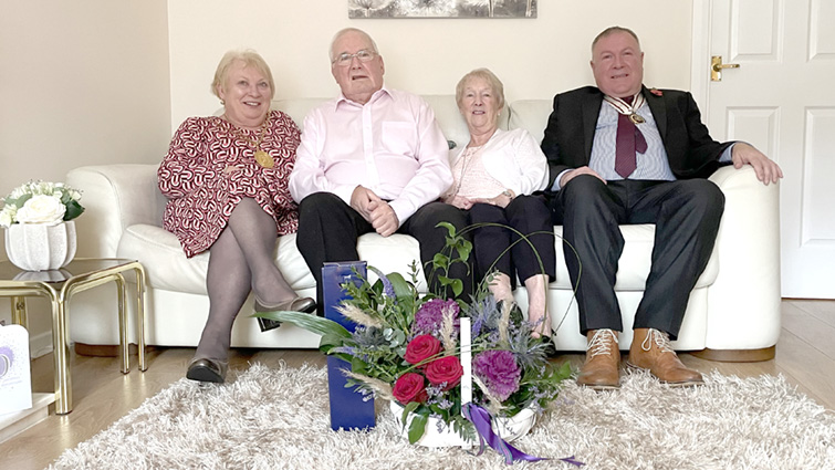 Jim and Anna Drain celebrating their Diamond Wedding Anniversary with Provost Margaret Cooper and Deputy Lieutenant for Lanarkshire David Russell 