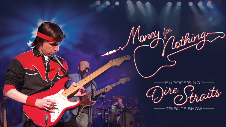 This image is a promo for Money for Nothing, the Dire Straits tribute band appearing at Lanark Memorial Hall 