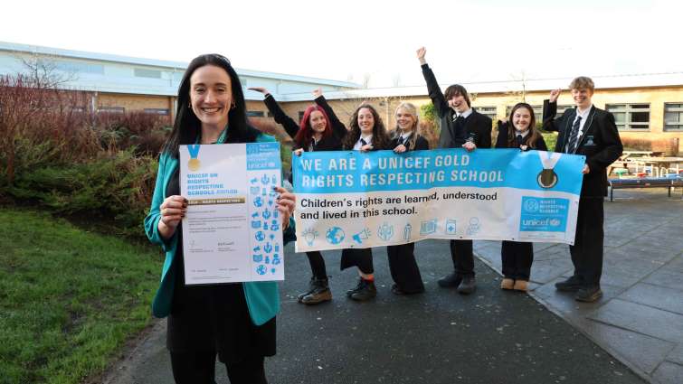 Duncanrig Secondary School pupils and Head Teacher Annette Alexander with their Gold UNICEF UK&rsquo;s Rights Respecting School award
