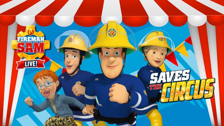 This photo is a promotional one showing the animated images of Fireman Sam, Penny, Elvis and Norman under a circus big top. 