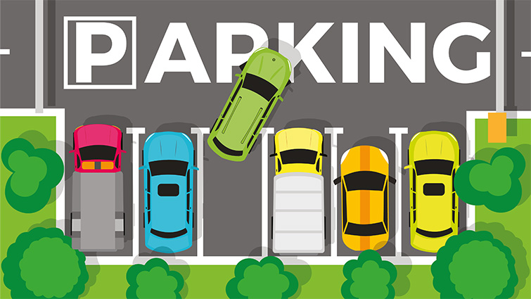 Graphic showing a row of parked cars from above and one pulling out of a parking space 