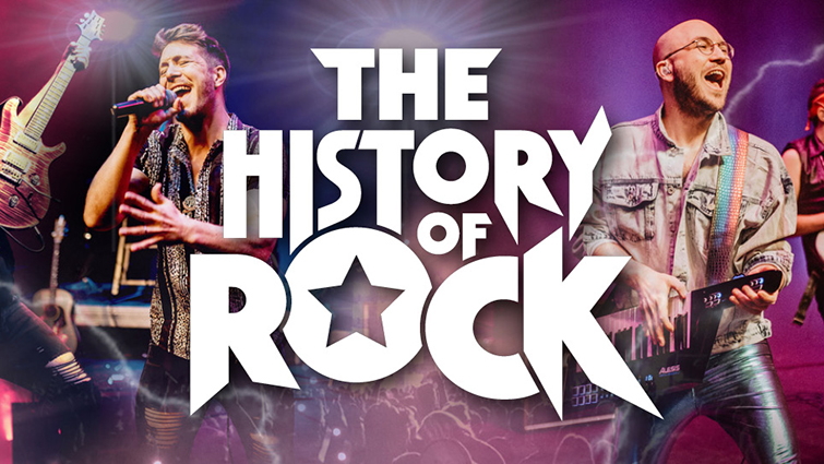 This image is a publicity picture showing some stills of performances from the show overlaid with the words The History of Rock. 