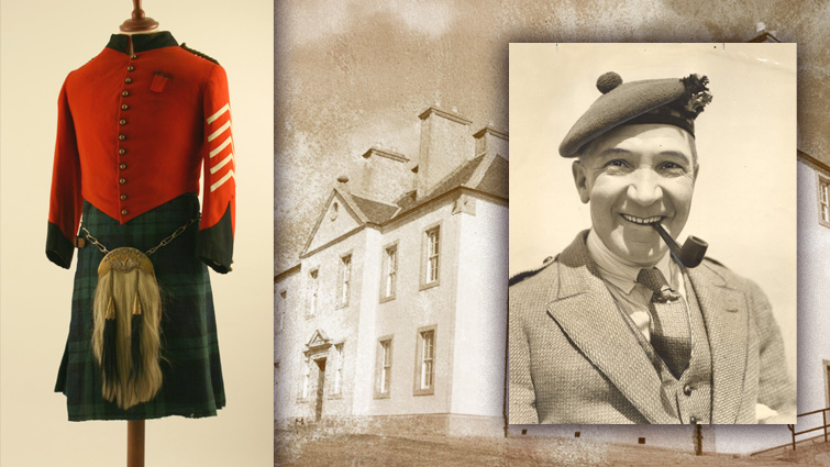 This image is a collage of three pictures, to the fore is a portrait of Sir Harry Lauder, left of that is one of his famous stage outfits. Both site
in front of a black and white image of Low Parks Museum.