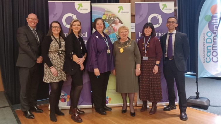 This image shows Provost Margaret Cooper, chief executive Cleland Sneddon, Director of Health and Social Care Soumen Sengupta with the speakers for the International Women's Day 2023 event held in the council's Banqueting Hall 