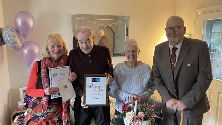 Diamond Wedding couple Charlie and Margaret Keenan with  Depute Provost Bert Thomson and Deputy Lieutenant for Lanarkshire Janet Low