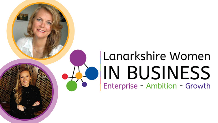 Lanarkshire Women in Business logo and images of two guest speakers for an event 