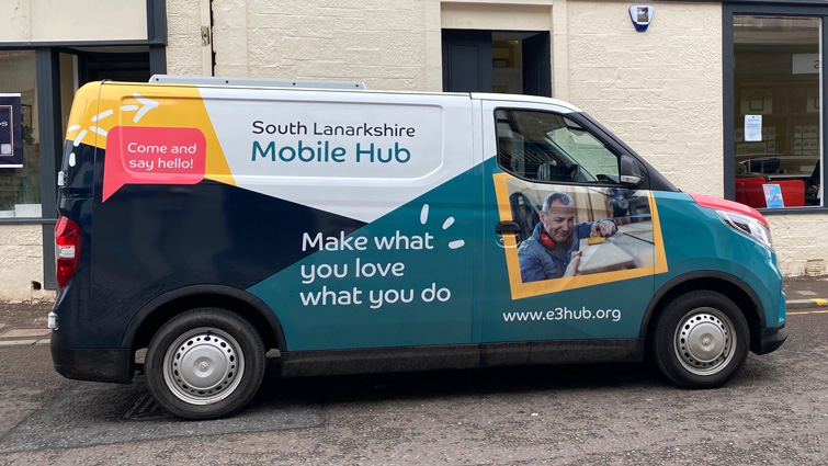 This image shows the E3 team's electric van which can bring the business hub services to local and rural communities 