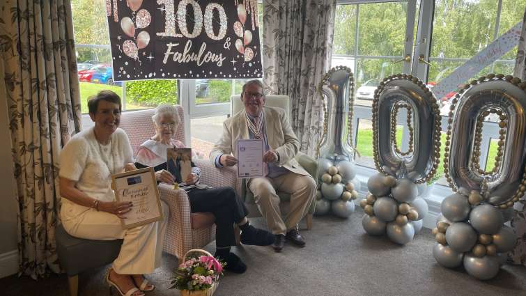 Margaret Armour celebrates her 100th with Depute Provost Celine Handibode and Deputy Lieutenant for Lanarkshire Dr William Morrison Young