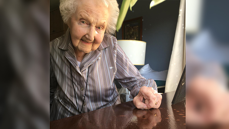 Rebecca Parker, 98, who has been playing the piano every day at McClymont House during lockdown to raise money for charity and keep spirits up
