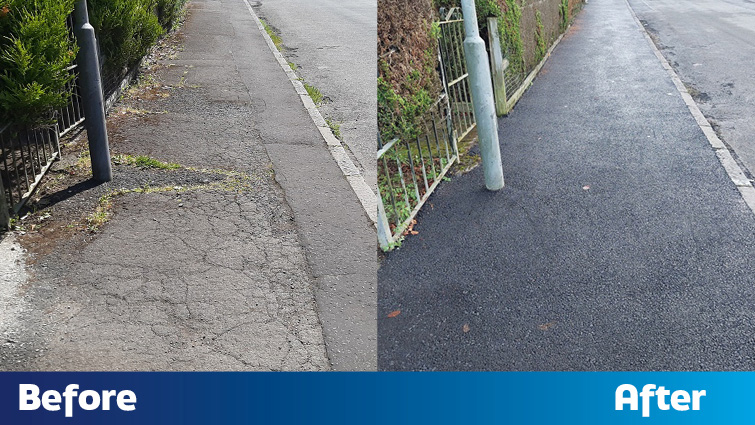 This image shows the before and after photo following footway repairs on Muirside Road 