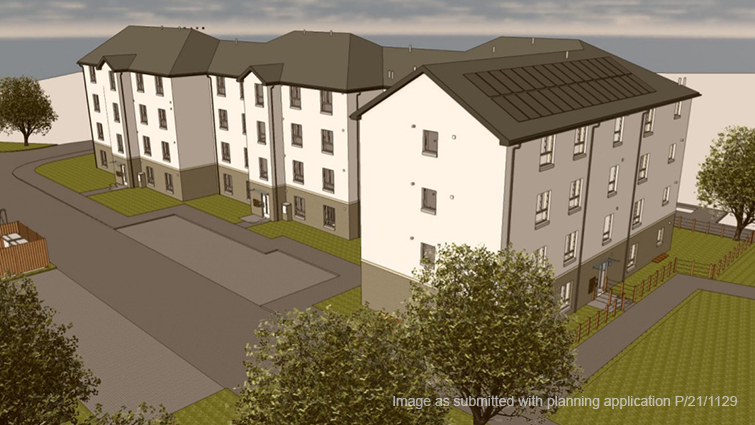 An architects 3d render of the 28 flat blocked planned  for former site of Greenhills sports centre 