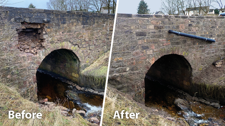 This image shows how the bridge at the A70 looked before and after repairs 