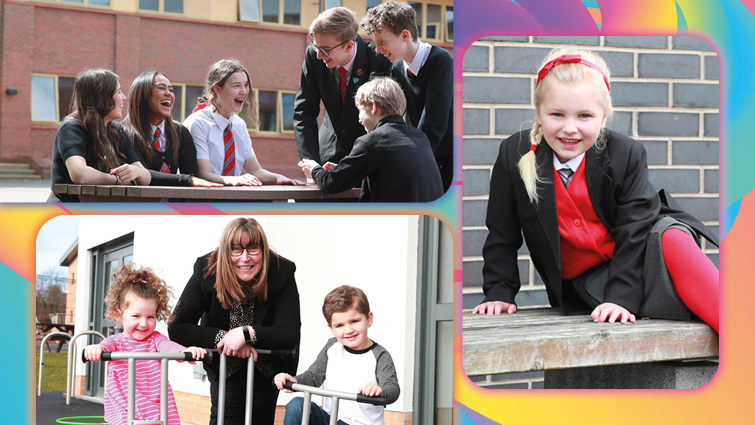 This image brings together three different photographs showing children in nursery, primary and secondary school settings.