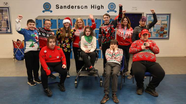 Sanderson High School pupils and staff celebrating their glowing report from Education Scotland.