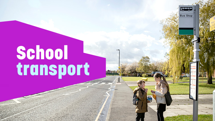 This is a generic image showing two children at a bus stop with the words school transport