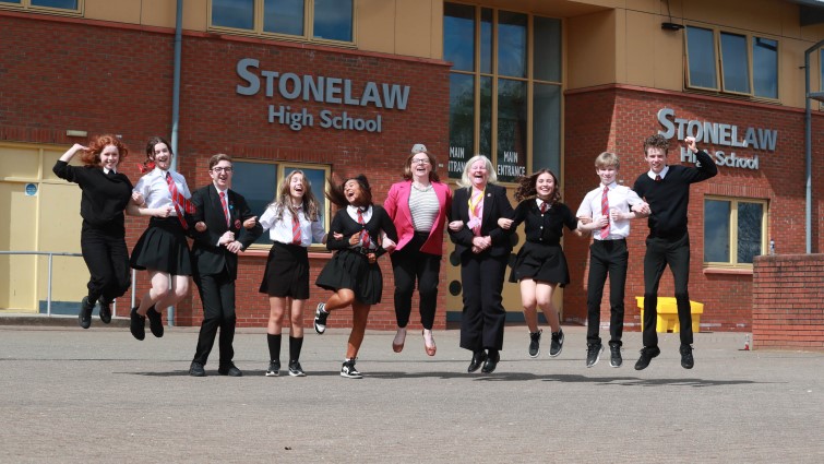 Stonelaw HS S3 pupils with Councillor Lynsey Hamilton, the chair of the council’s Education Committee, and Headteacher Brenda McLachlan 