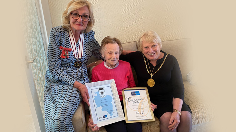 South Lanarkshire Provost Margaret Cooper (right) and Deputy Lord Lieutenant Mary Hernon congratulate Uddingston's Susan McAleer on her 100th birthday.