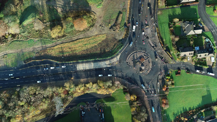 aerial view of an uncompleted section of the Torrance roundabout on the A726 